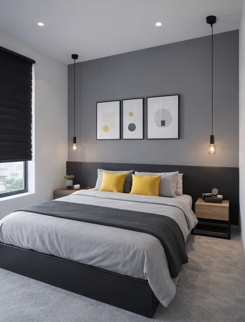 dormitorio moderno minimalista con líneas rectas y colores neutros