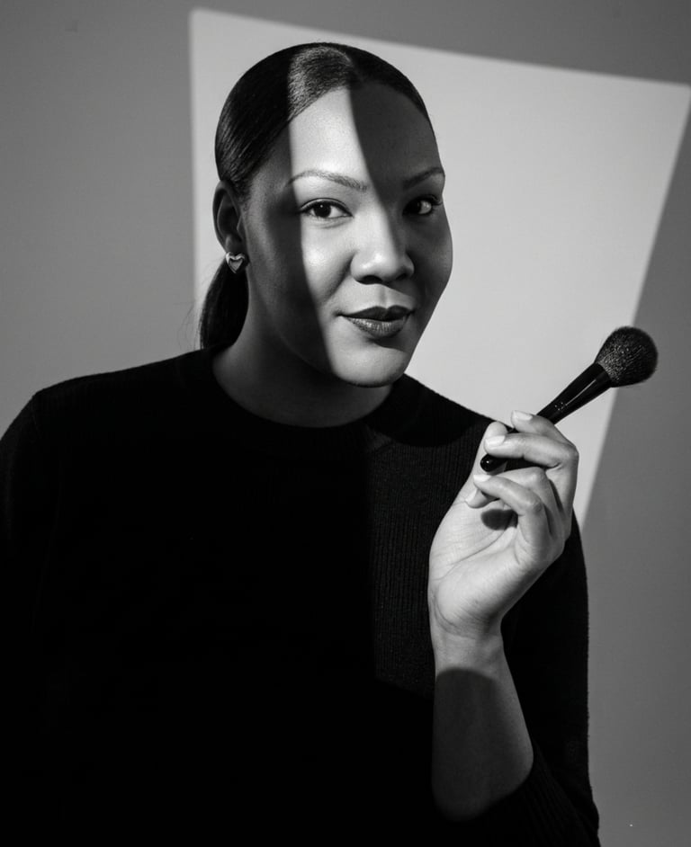 Black and white portrait of a makeup artist holding a professional cosmetic brush with artistic shadows.