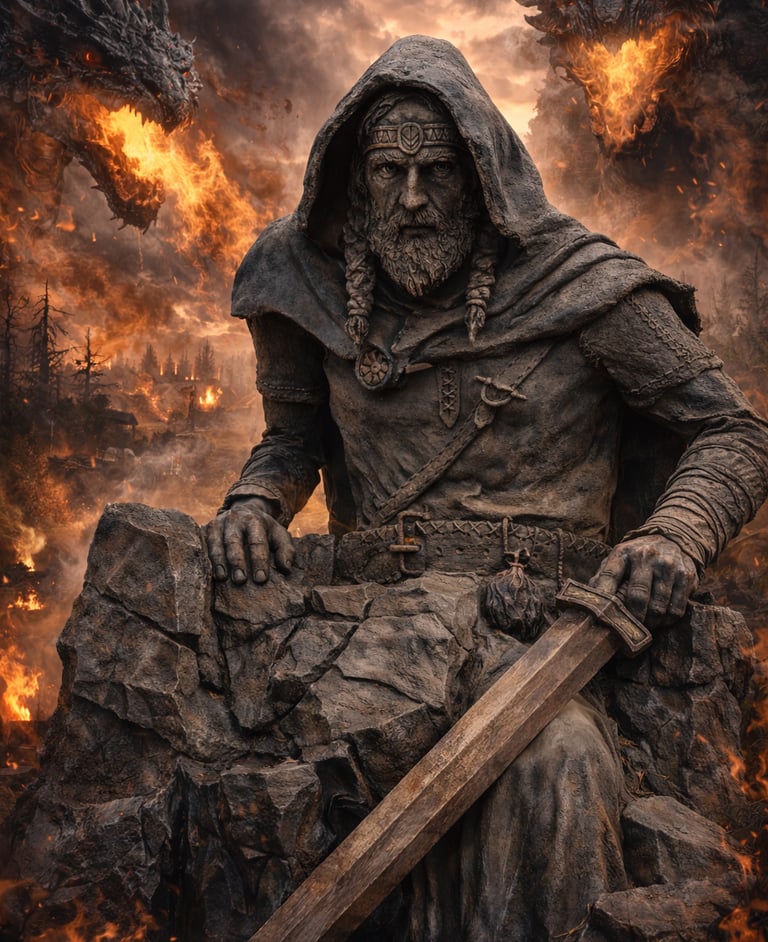 Monumental Viking guardian sculpture with smoke effects beside a Viking roller coaster. Immersive la