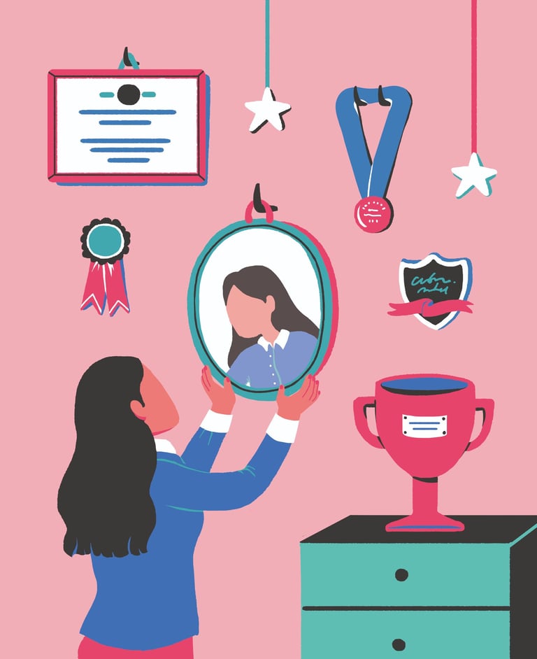 a woman is hanging a mirror in a wall full of trophies