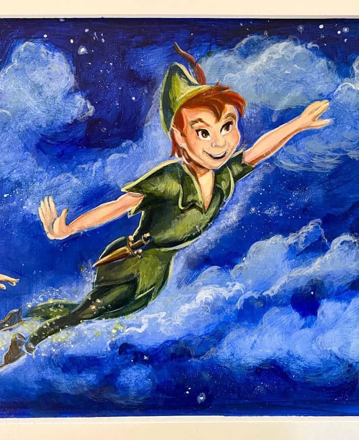 Boy with moonlit clouds and sparkling stars on a hand-painted white toy chest