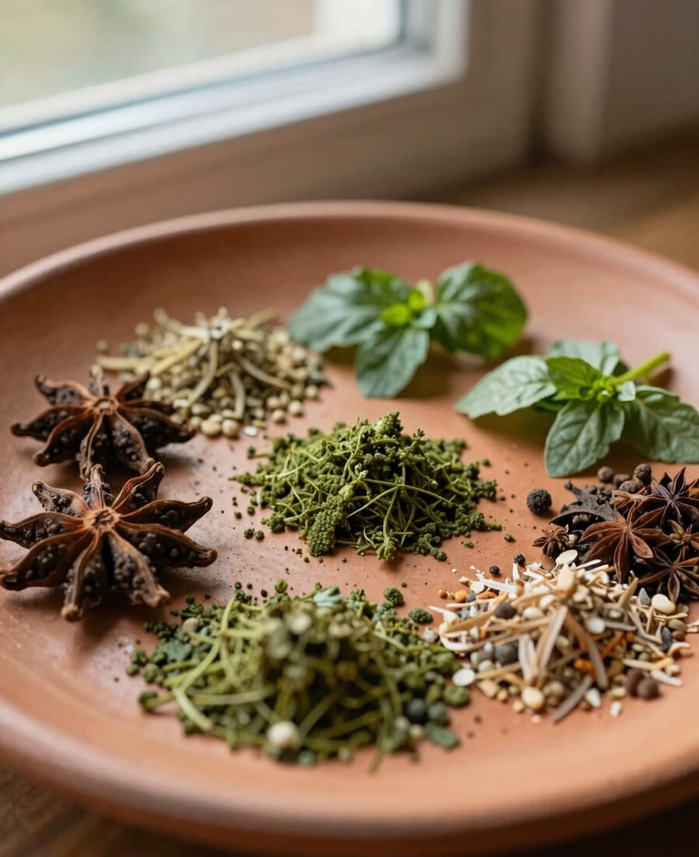 Close-up of fresh spices and herbs on a rustic terracotta plate, warm morning window light, earthy tones, shallow depth of field, 35mm