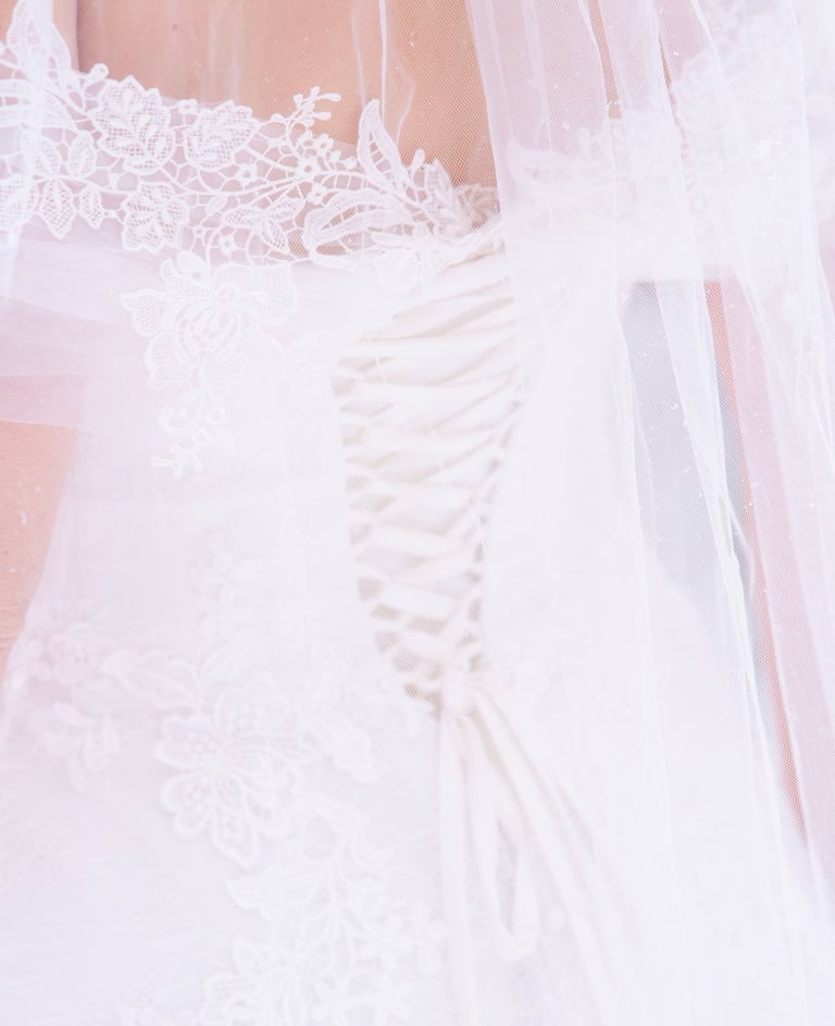 a woman in a wedding dress with a veil