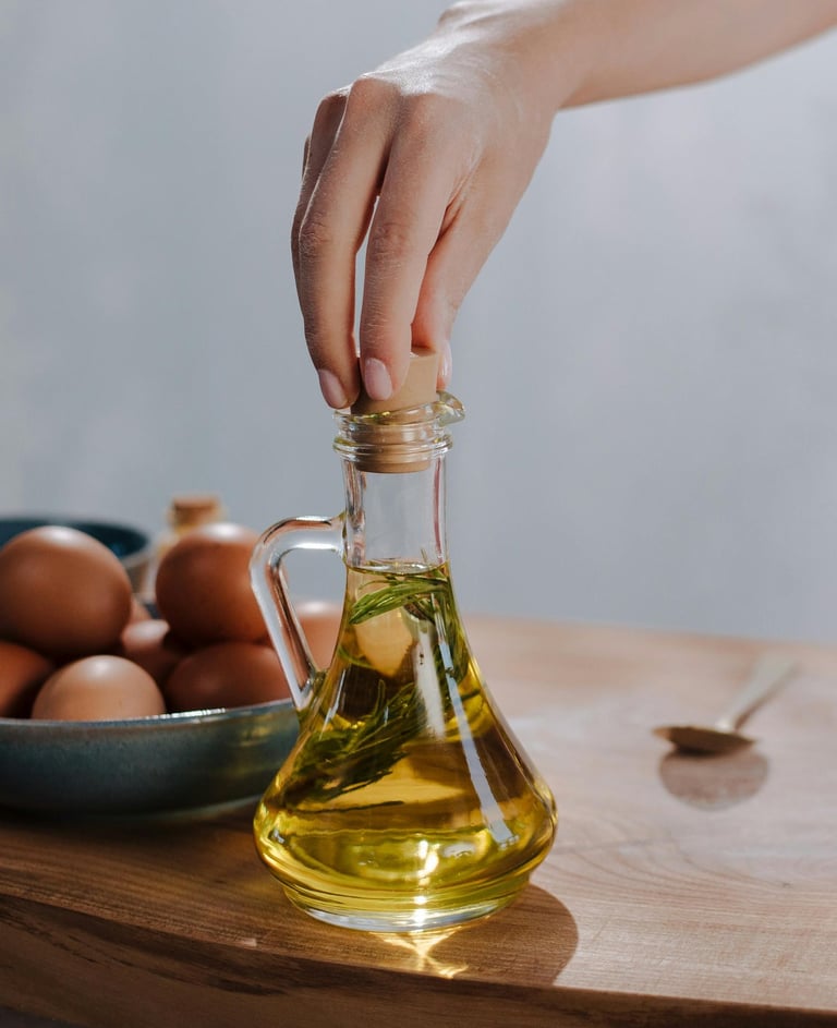 Imagen generica de mano tapando una botella con aceite y hiervas