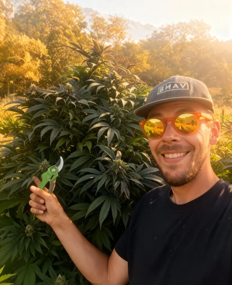 Pierre Bourgon Producteur fleurs de cbd devant une plante de cbd de 2metre, champs alpin naturelle