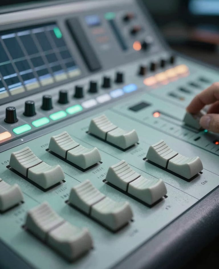 A close-up of a high-end video editing console with backlit keys in dusty seafoam and soft mist white, professional studio environment.