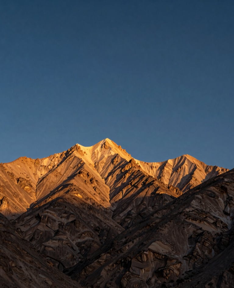 A breathtaking cinematic shot of the Atlas Mountains at dusk, with the peaks glowing in soft gold light under a deep indigo North African / Moroccan sky.