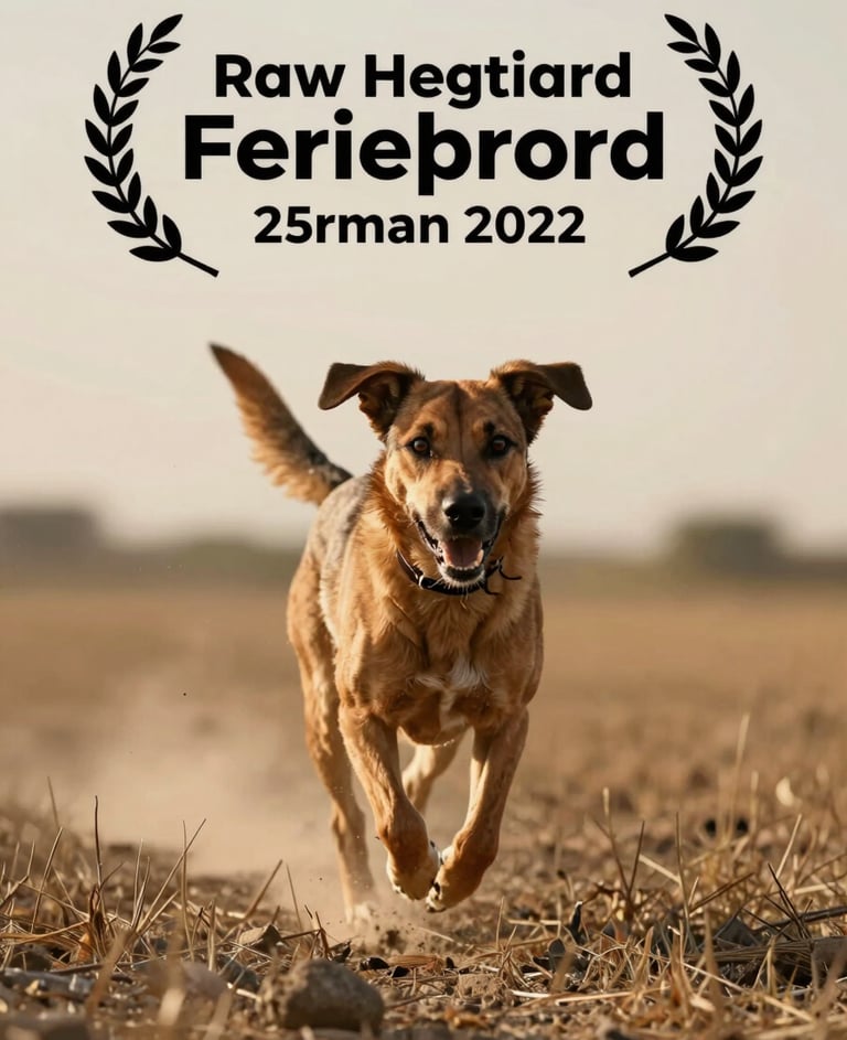 A cinematic shot of a dog running through a field, earthy brown fur contrasted with a soft sand horizon, sun-drenched environment.