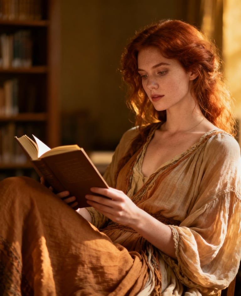 Ophelia Summers with flowing red hair reading a book in golden hour library setting wearing bohemian