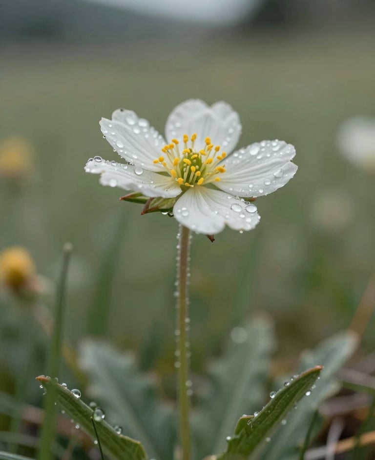 Macro photography of a delicate wildflower in the North American / US Rockies, dew drops visible, shallow depth of field, Olive Green and Sage Green natural tones.