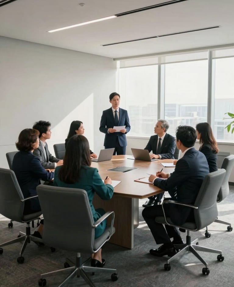 A professional wide shot of a modern office conference room where a security audit is taking place. Professional attire, muted teal and dark slate grey furniture, and bright off-white natural light.