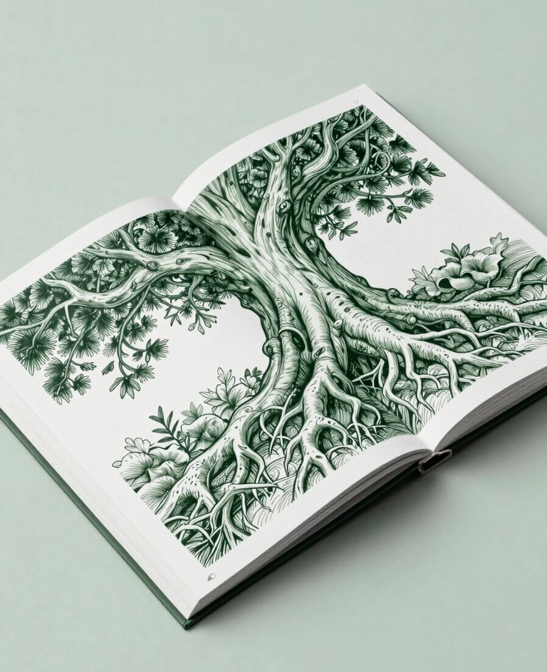 A wide-angle, high-detail photograph of an open artist portfolio on a pale mist green surface. The page shows a large, intricate ink illustration of a gnarled ancient tree root, drawn with meticulous fine lines in dark forest green.