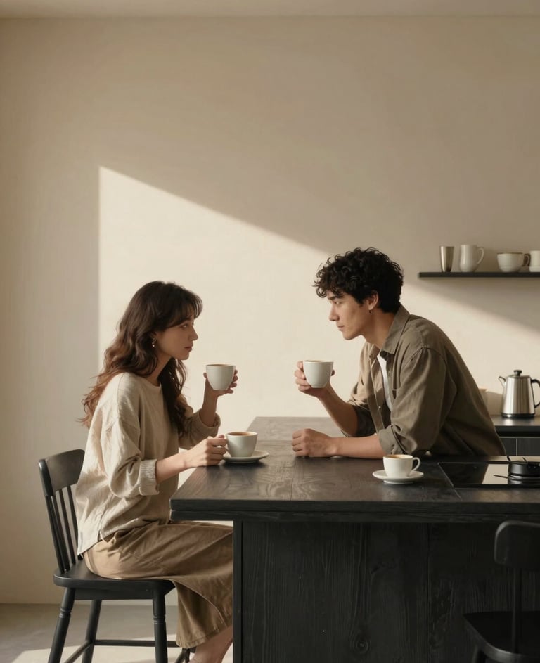 A serene indoor shot of a young couple sharing coffee in a sun-drenched kitchen. The aesthetic is minimal with soft sand walls and charcoal wooden furniture.