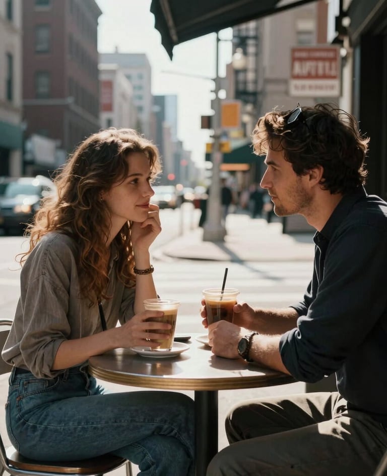 Urban lifestyle photography of a couple sharing coffee at an outdoor cafe in a US city, sun-drenched street, cinematic and candid.