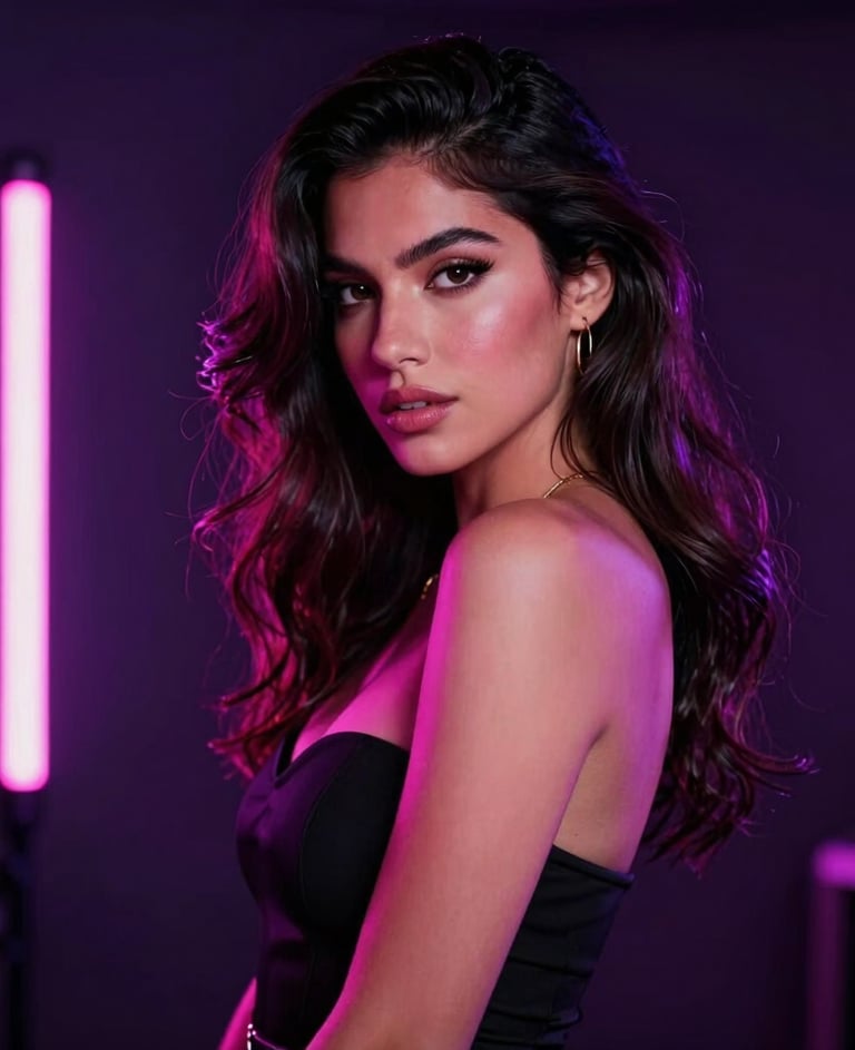 A high-fashion, seductive portrait of a gorgeous female model posing in a moody dark-mode studio. Electrifying neon pink and electric purple lights sculpt her features, giving a sophisticated and exclusive atmosphere, Latin American / Global style.