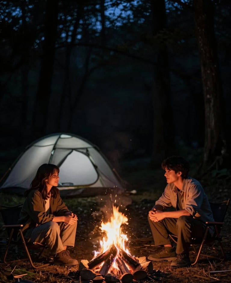 A warm lifestyle shot of two people sitting near a small campfire at night. The surrounding forest is a deep jet black, with the soft grey tent glowing slightly in the background. A cozy, storytelling vibe in a Global / Western campsite.