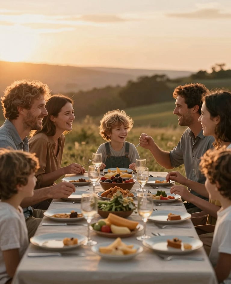 Cinematic shot of a family sharing a meal outdoors at sunset, warm #FDF8F0 lighting, laughter, candid interactions, earthy tones.