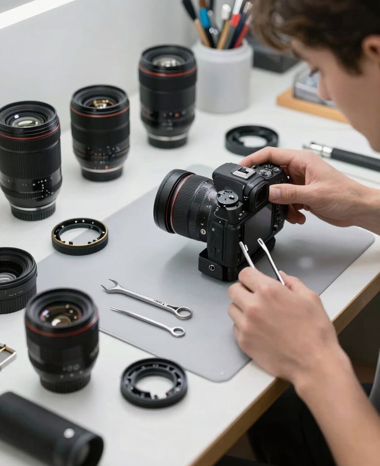 A professional camera repair station in a North American workshop, bright even lighting, various tools and dismantled lens parts on a light silver mat.