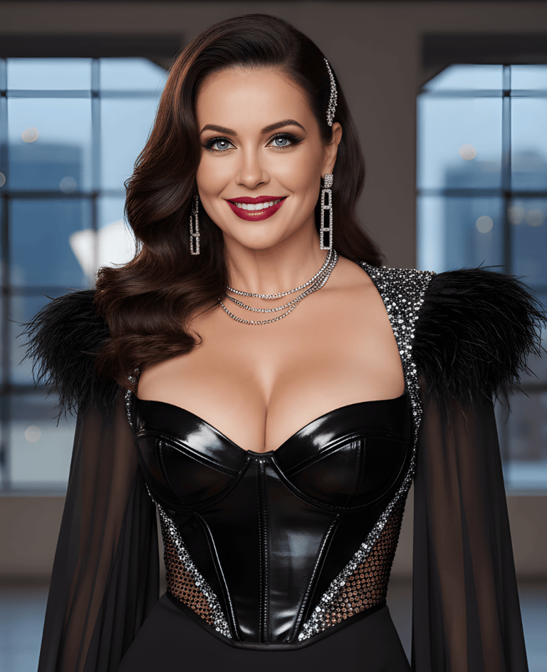 a beautiful woman in a black dress. She is happy and smiling. Fashion model