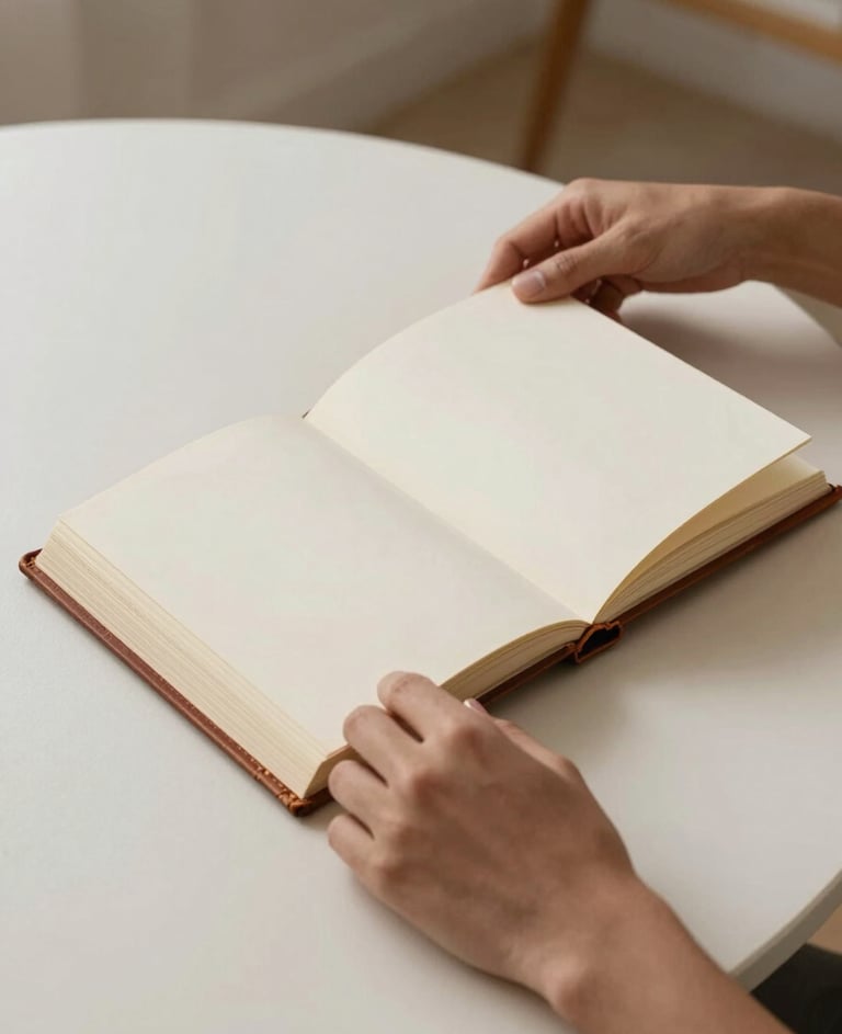 Hands turning the pages of a high-quality leather-bound photobook on a minimalist soft white table in a South American / Colombian home, soft natural light.