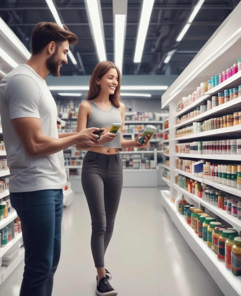 Un homme et une femme souriant devant une étagère d’une parapharmacie éclairée par des néons blanc