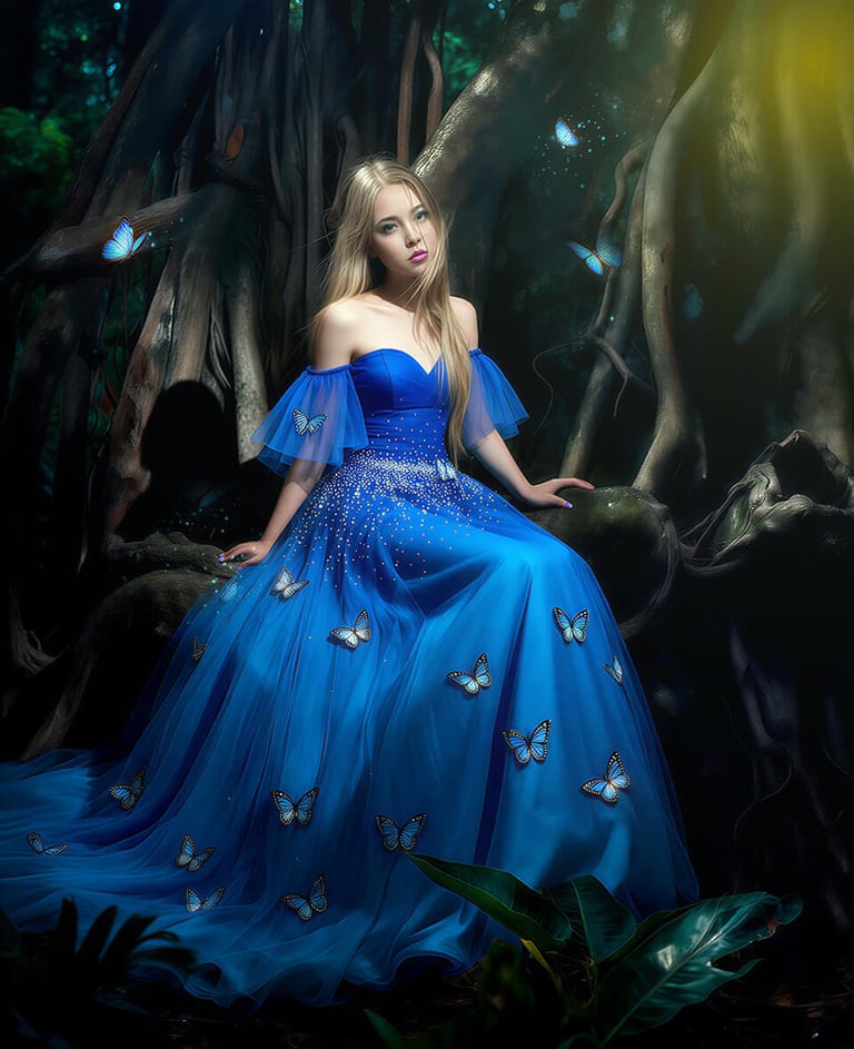 Quinceañera boliviana con vestido de mariposas azul rey en un bosque mágico. Sesión de fotos 