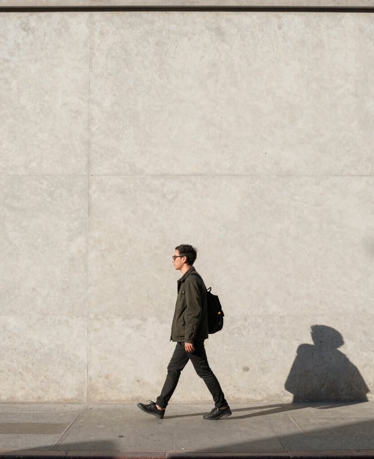 A minimalist street photography shot in New York City. A lone figure in contemporary attire walks past a clean, light-colored concrete wall with sharp shadows. Bright, direct North American afternoon sunlight. Quiet, artistic composition.