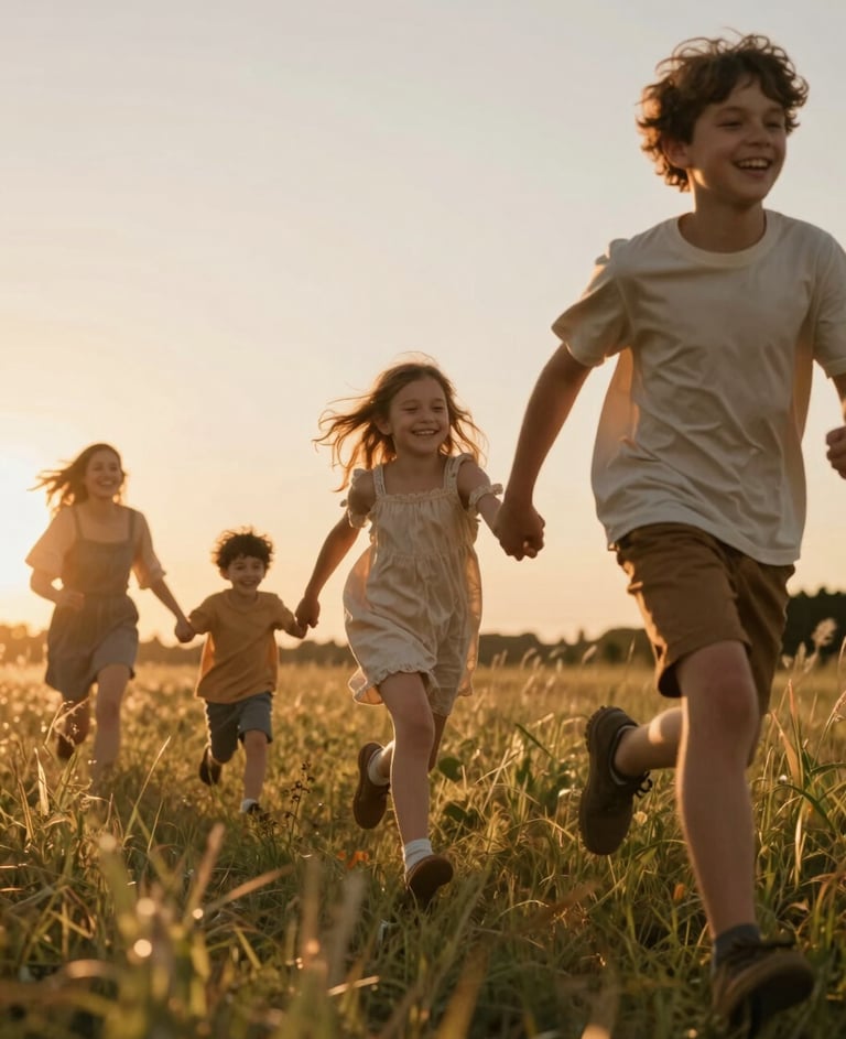 A cinematic, low-angle shot of a young family running through tall, sun-drenched grass at sunset. The lighting is warm and golden, highlighting authentic laughter. Natural tones of #F7F2EB and soft #C06C4C in the clothing and sky.