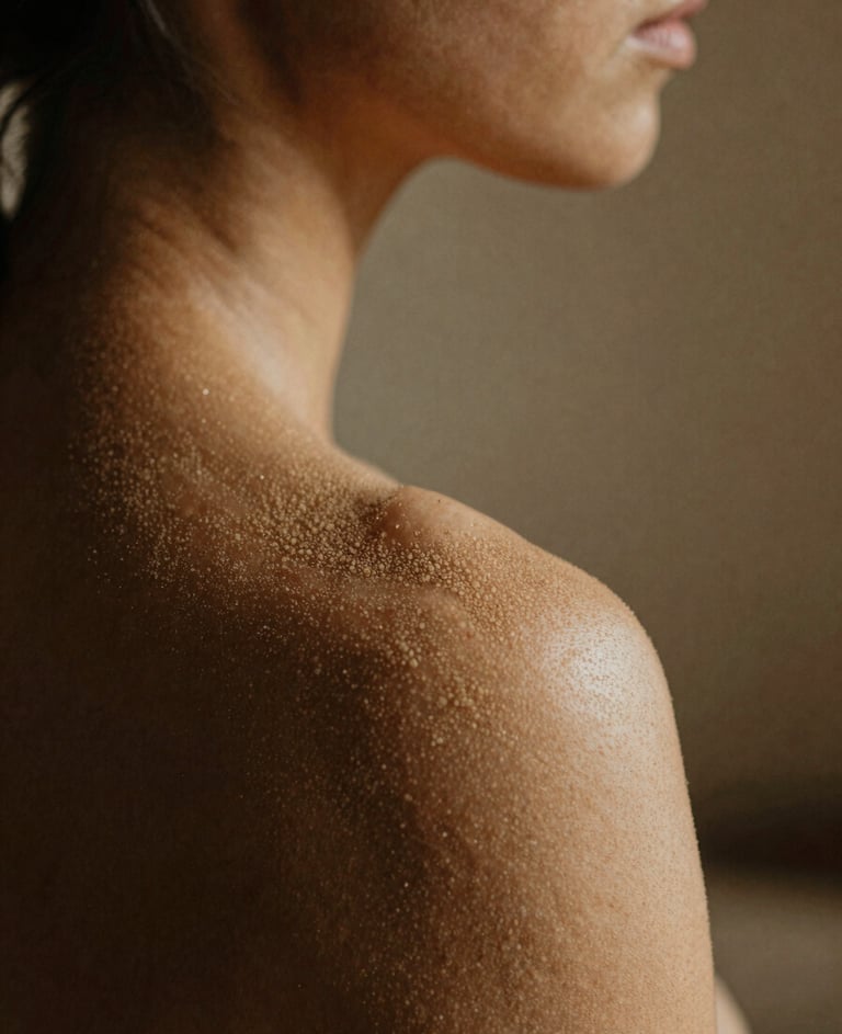 Soft focus photography of a human shoulder and neck in intimate Warm sand light, grainy texture, South American / Argentine interior.