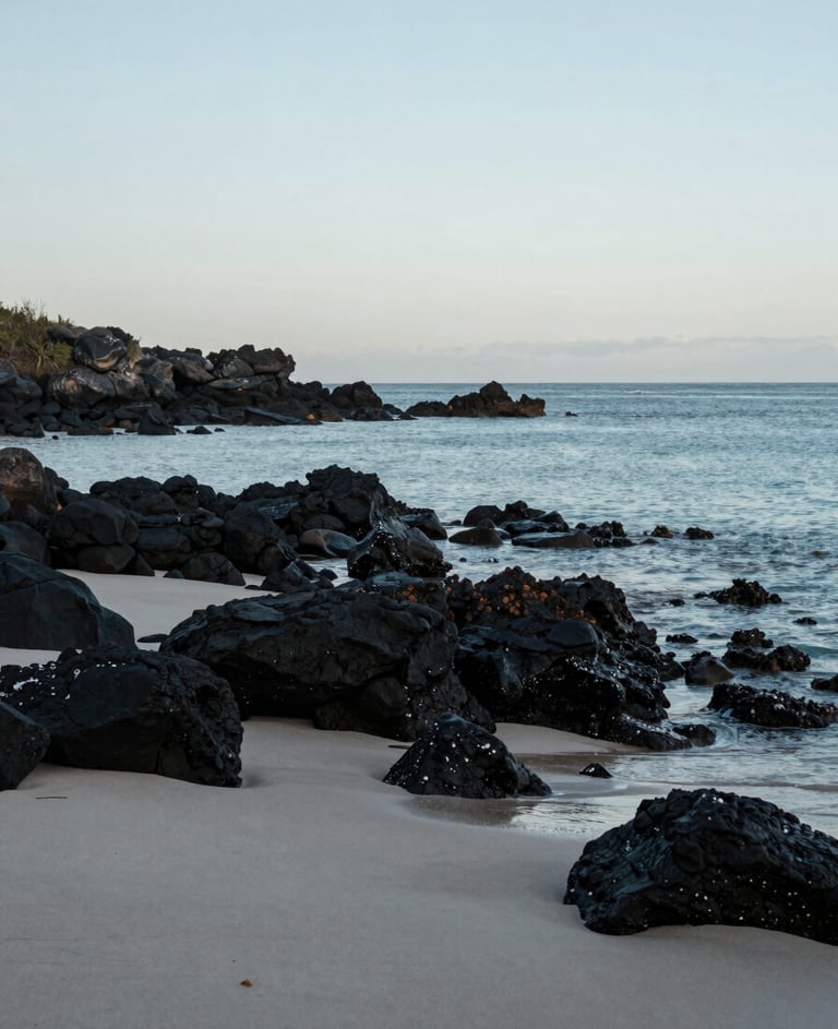 A wide-angle photography shot of a serene Brazilian coastal landscape at dawn, with soft morning light hitting the dark volcanic rocks and light grey sand. The water is a calm baby blue. Sophisticated and minimalist composition, South American setting.