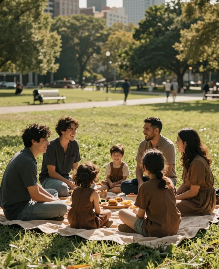 A cinematic, sun-drenched wide shot of a family picnic in a North American / US city park. People are wearing charcoal and brown tones, laughing naturally. Soft sand colored blankets on the grass.