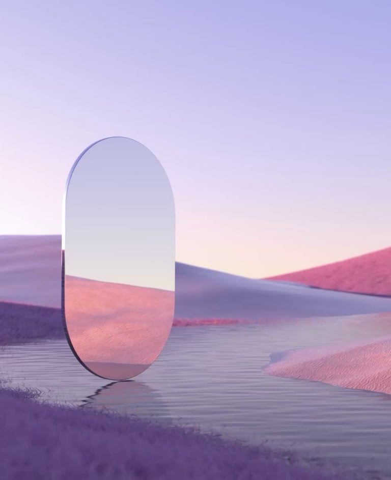 An oval mirror stands upright in a futuristic pastel desert - Know Thyself Tarot Reading