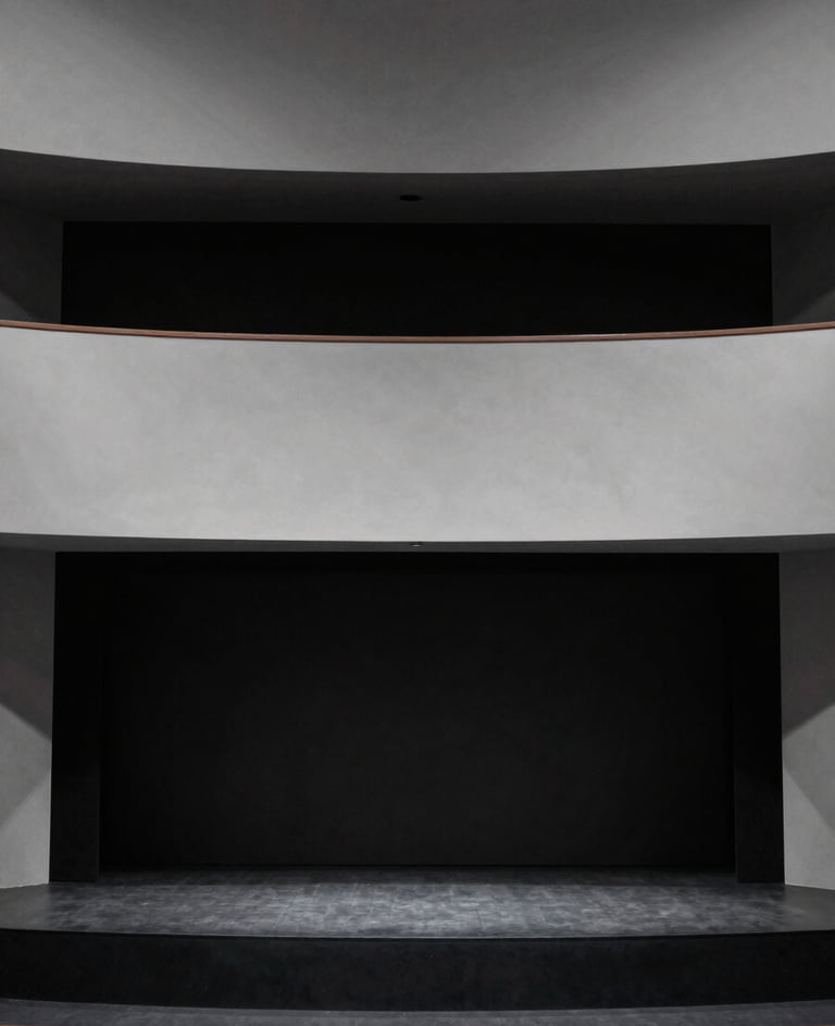 A close-up architectural shot of a minimalist theater stage, dramatic shadows in #0F0F0F, soft #A8A8A8 textures, wide lens cinematic perspective, clean and professional.