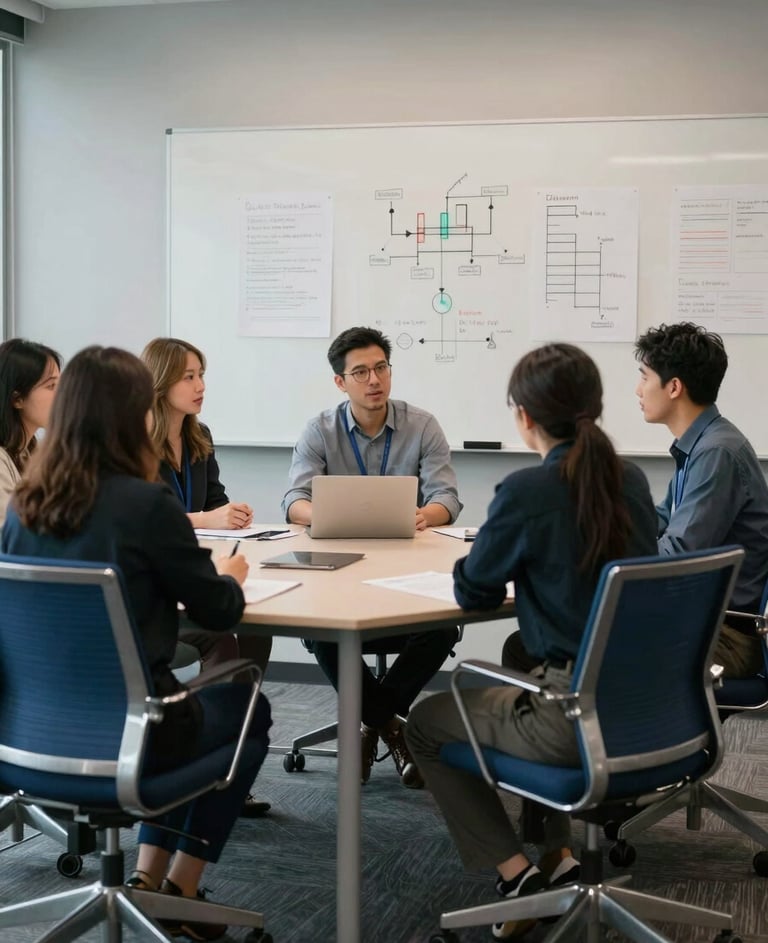 A photograph of a collaborative design meeting in a North American / US tech firm, with cloud white boards and steel blue office chairs.