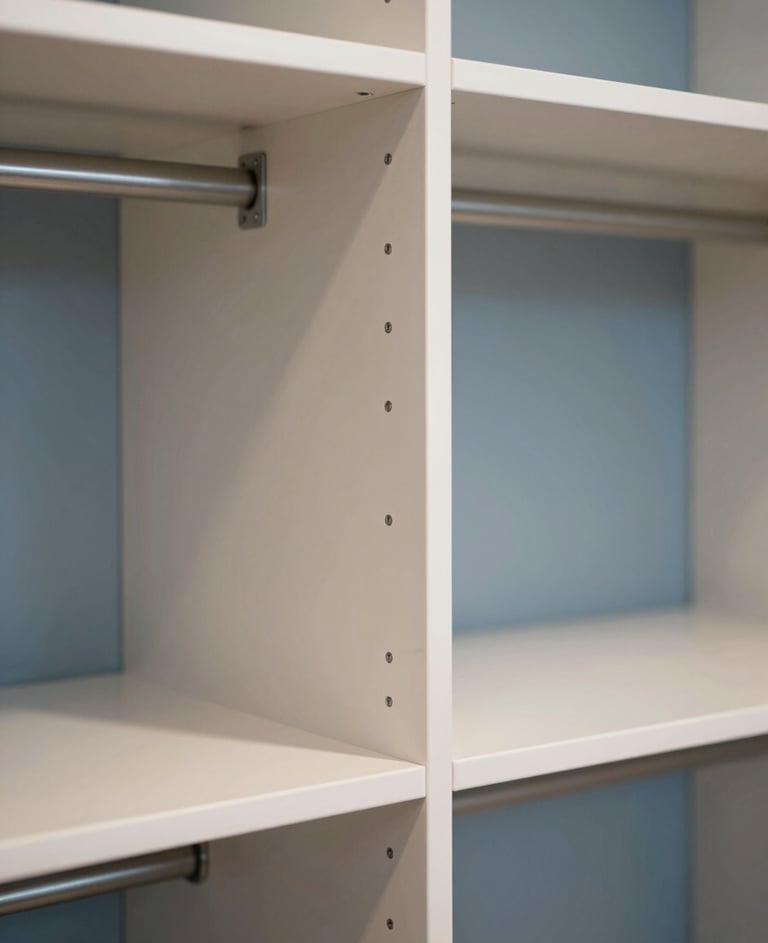 Detailed 3D render of a custom closet system. Focus on joinery and functional design, soft white and muted blue tones, elegant and technical presentation.