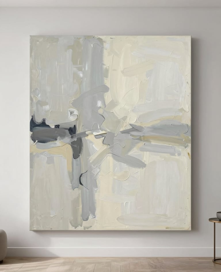 A minimalist abstract painting on a large canvas featuring broad, sweeping brushstrokes in light grey and cream, hanging in a bright, modern North American living room with clean lines.