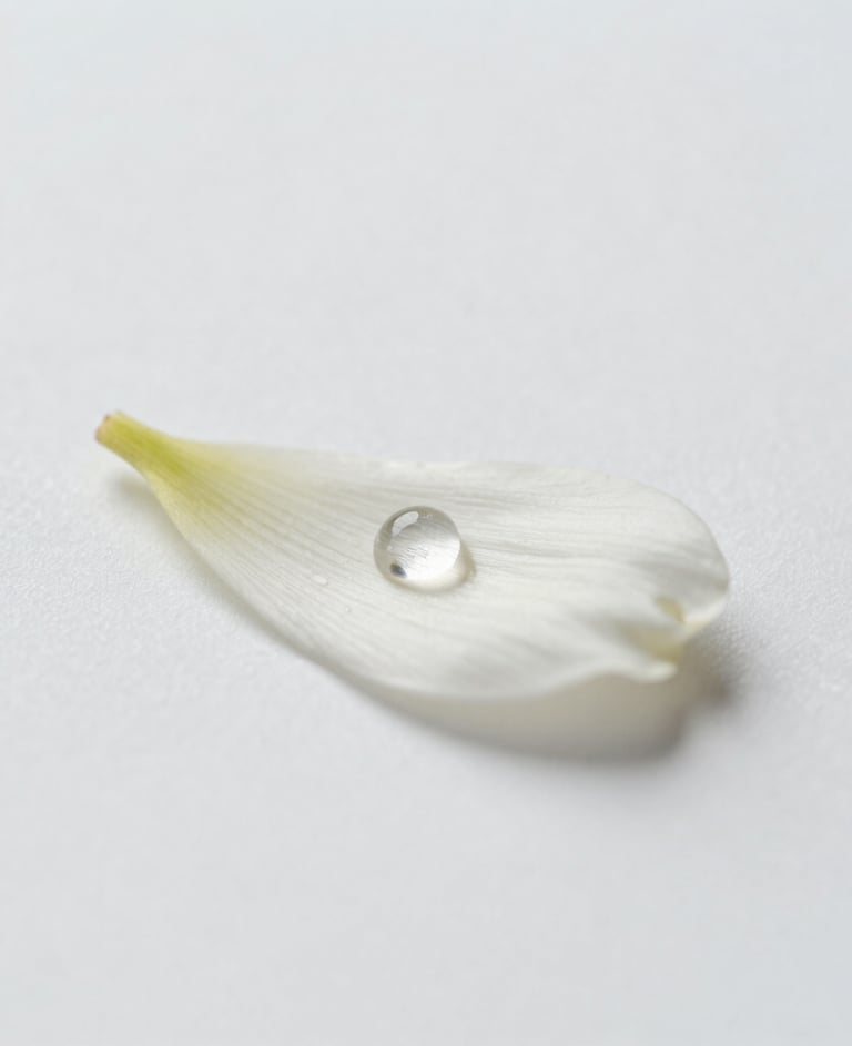 A minimalist macro photograph of a single wildflower petal with a single water droplet, soft natural light, clean white background, North American / US garden setting, serene and sophisticated style.