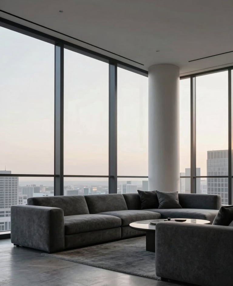 Wide-angle cinematic shot of a luxury penthouse interior in a North American / US city, floor-to-ceiling windows showing a soft alabaster white morning sky, minimalist charcoal gray furniture, high-end architectural photography.