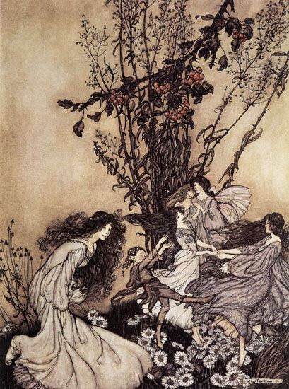 Arthur Rackham vintage illustration of fairies dancing in a field of daisies under a berry bush.