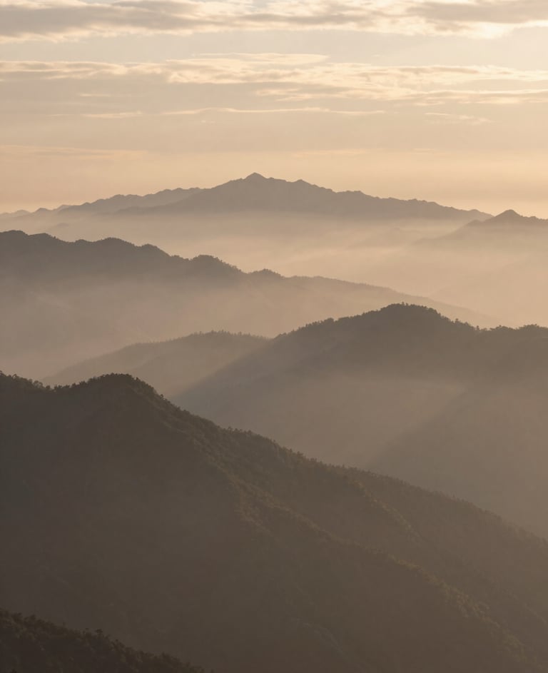 A wide-angle landscape photograph of a misty mountain range at dawn, captured with soft lighting, reflecting colors of taupe and soft cream in the sky, inspired by oil painting textures.