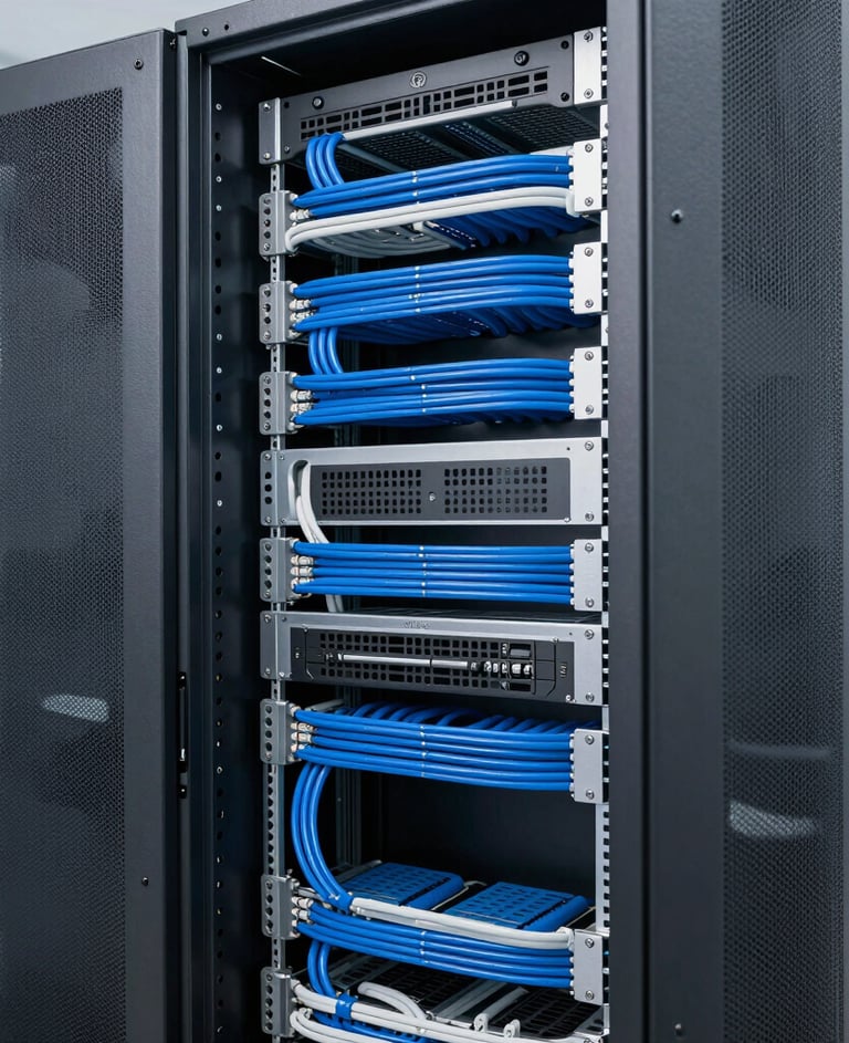 Clean modern server rack with structured cabling, cool-toned industrial lighting, slate gray and technical blue accents, sharp focus, 35mm