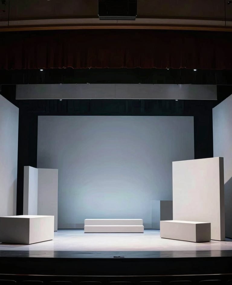 A wide photography shot of a modern opera stage in the United States, featuring minimalist white and gray geometric set pieces under soft, cool cinematic lighting.