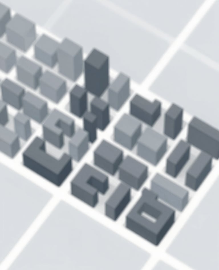 A minimalist architectural site plan showing clean geometry and urban density, rendered in shades of #262F38 and #6E8898 on a #CDDDE0 background.