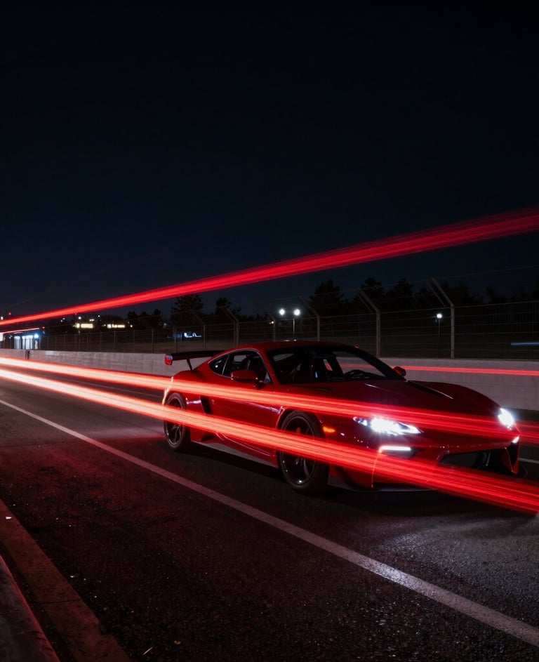 Abstract motorsport photography, light trails of cars at night on a North American / US street circuit, long exposure, sophisticated neon red and deep black colors.