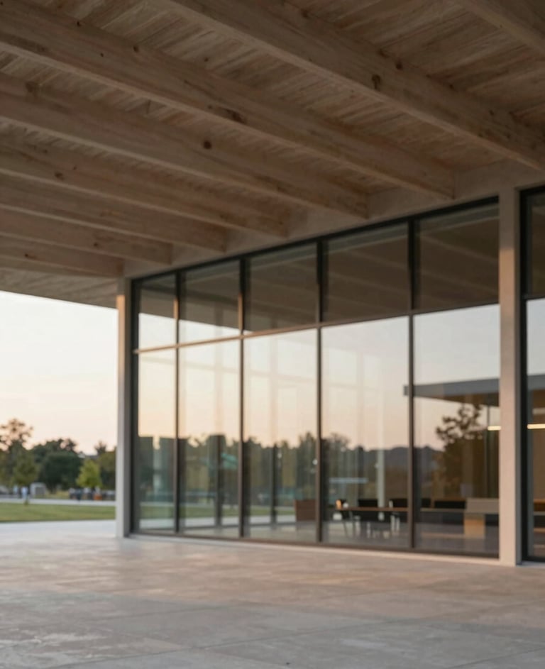 Wide-angle shot of a cultural pavilion with a geometric timber roof, soft afternoon light reflecting off large glass panels, incorporating the brand's #D9D2C7 beige and #6B6760 muted tones, professional architectural photography.