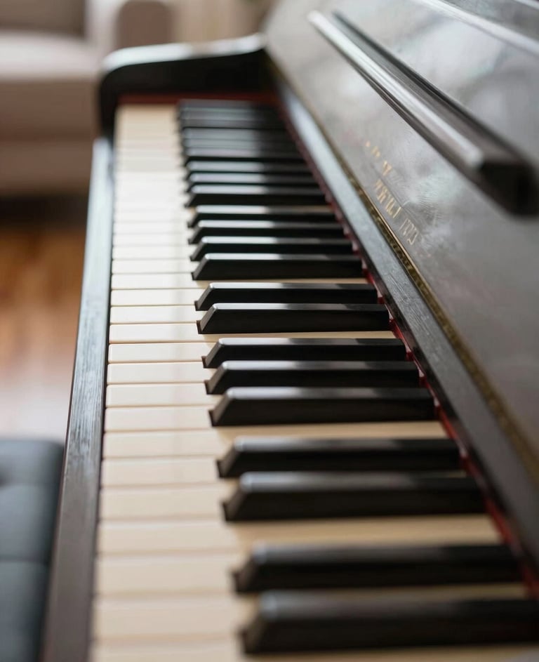 A close-up shot of ivory and black piano keys in a sun-drenched North American living room, focusing on the elegant texture and clean lines.