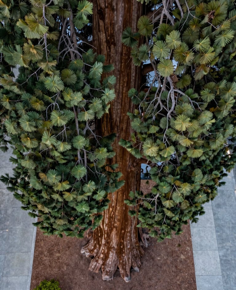 Aerial view looking straight down at the top of a giant sequoia, showing the fractal pattern of green branches against a pale gray urban sidewalk in Eugene, Oregon. Professional drone photography, soft natural light.