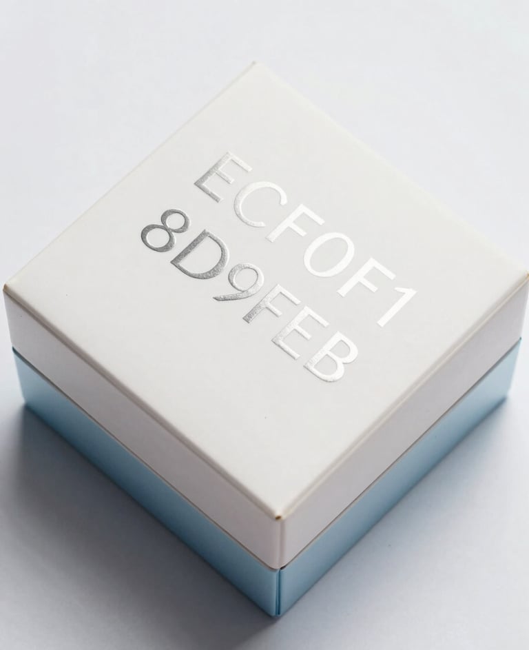 A minimalist cosmetic box with embossed silver foil typography on a matte white surface, studio lighting, top-down view, incorporating #ECF0F1 and #8D9FB5 tones.