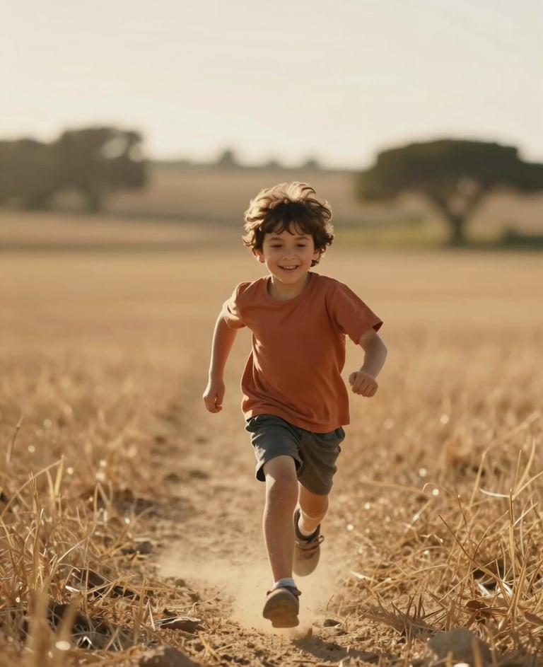 Cinematic outdoor photography of a child running through a sun-drenched field in the Portuguese countryside, soft focus background, warm golden lighting, sand and terracotta tones.