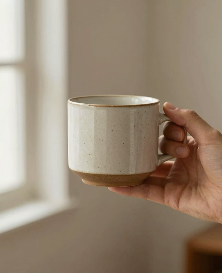 A hand holding a textured ceramic mug in a beautifully lit, warm minimalist studio, shallow depth of field